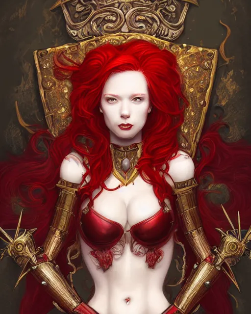 Image similar to redhead queen knight in red armor, exposed beating heart in chest with gold veins, inside grand hall in castle with rococo aesthetic, crown, scar face, elden lord, intimidating, high fantasy, intricate detail, digital painting, artstation, concept art, smooth, sharp focus, illustration, art by yoshitaka amano and monia merlo and wlop