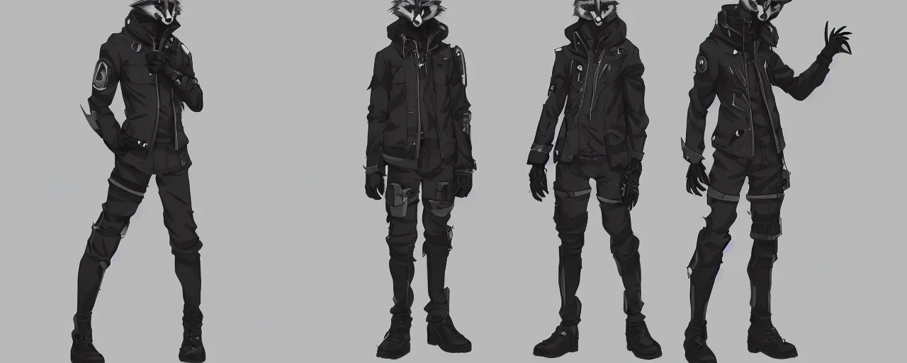 Image similar to a male anime cyberpunk raccoon wearing a heavy jacket and heavy black boots, character concept exploration, outfit designs, trending on artstation; clear silhouette, strong design