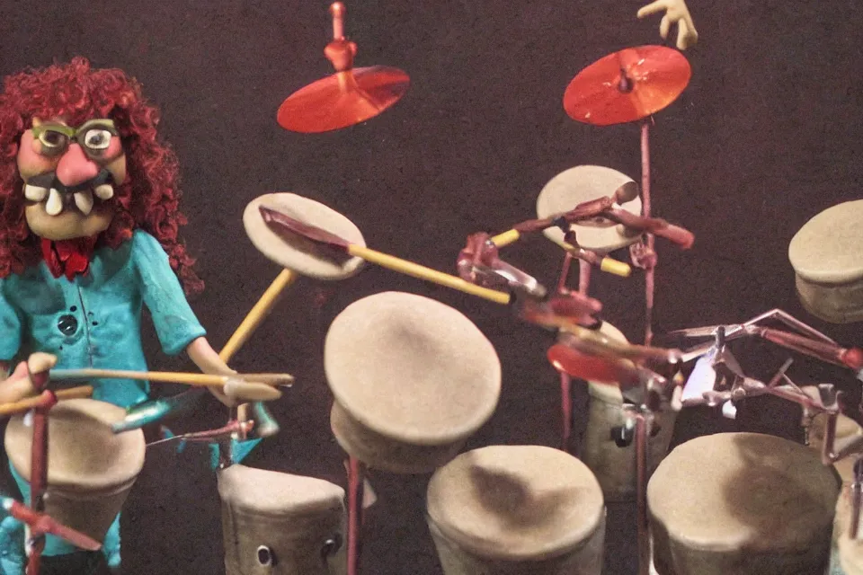 Image similar to a claymation film still of a curly long hair drummer playing the drum set. claymation by bruce bickford