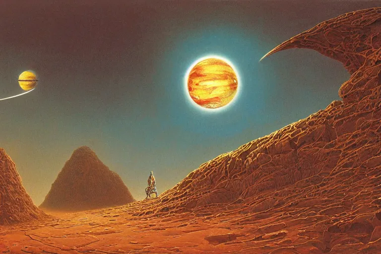 Image similar to oil painting, super - detailed scene of a planet that is also a giant insect, entomology, japanese sci - fi books art, artwork by jean giraud and zdzislaw beksinski and michael whelan and hr giger, hd, 4 k, high quality