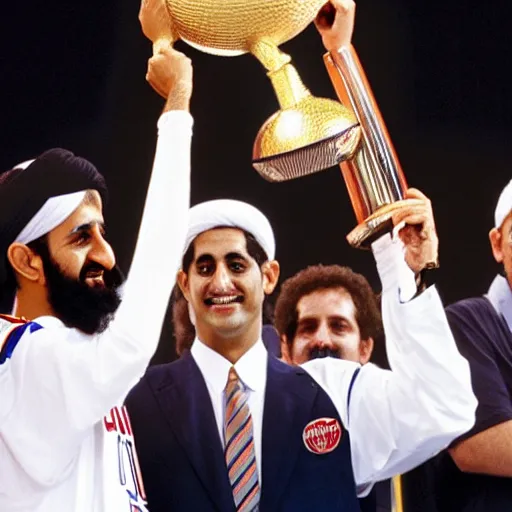 Image similar to photo of osama bin laden lifting larry o'brien trophy