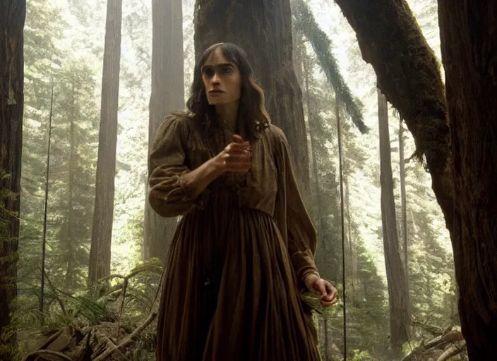 Prompt: First image from Paul Thomas Anderson's new film Big Sur, starring Sofia Boutella as a 19th century prospector. Cinematography by Michael Bauman, shot on Kodak Vision 200T. 8k print.