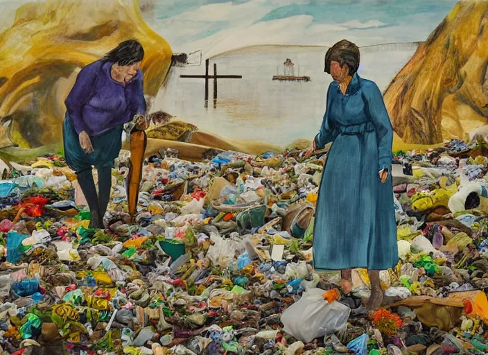 Image similar to painting, suzanne takes your hand and she leads you to the river, she's wearing rags and feathers from salvation army counters, and the sun pours down like honey on our lady of the harbor church in montreal, and she shows you where to look among the garbage and the flowers, there are heroes in the seaweed, by paula rego, by neo rauch, by edward hopper