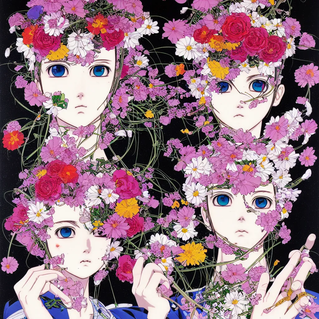 Prompt: prompt: Fragile portrait of persona covered with random flowers illustrated by Katsuhiro Otomo, inspired by sailor moon and 1990 anime, smaller cable and cryborg parts as attributes, eyepatches, illustrative style, intricate oil painting detail, manga 1980
