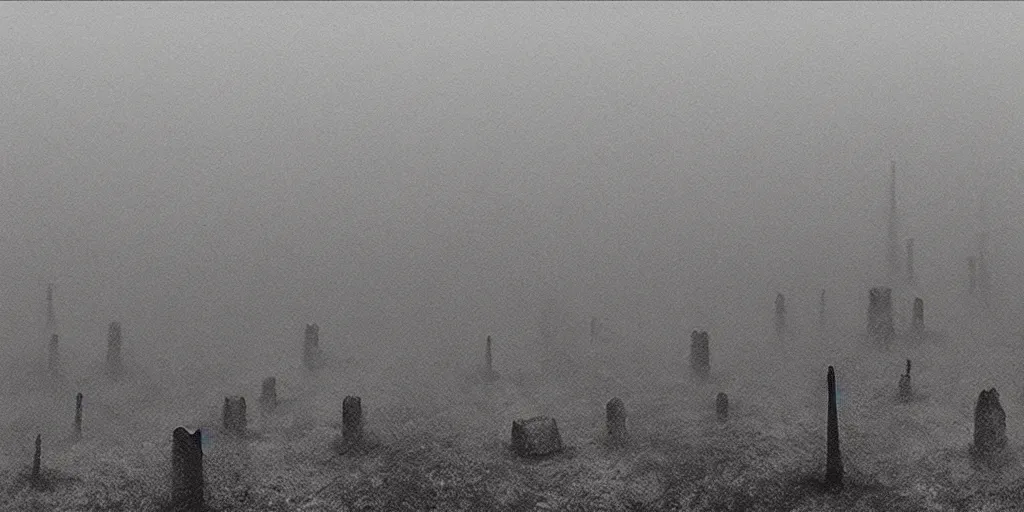 Prompt: wide view of ash covered graveyard, ashen mist, void black holes, eldritch, beksinski,