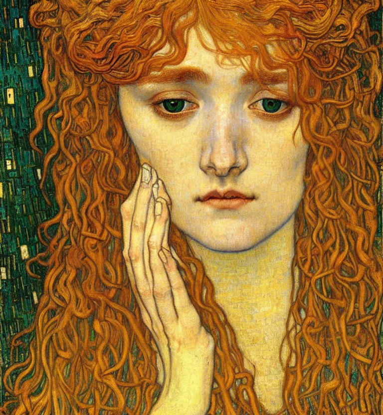 Image similar to detailed realistic beautiful young medieval queen face portrait by jean delville, gustav klimt and vincent van gogh, art nouveau, symbolist, visionary, gothic, pre - raphaelite, muted earthy colors, desaturated