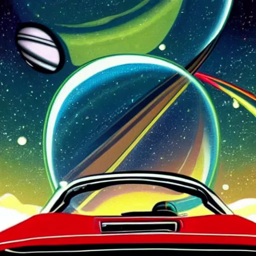 Image similar to 1960s car on a road in space driving towards a planet, synthwave