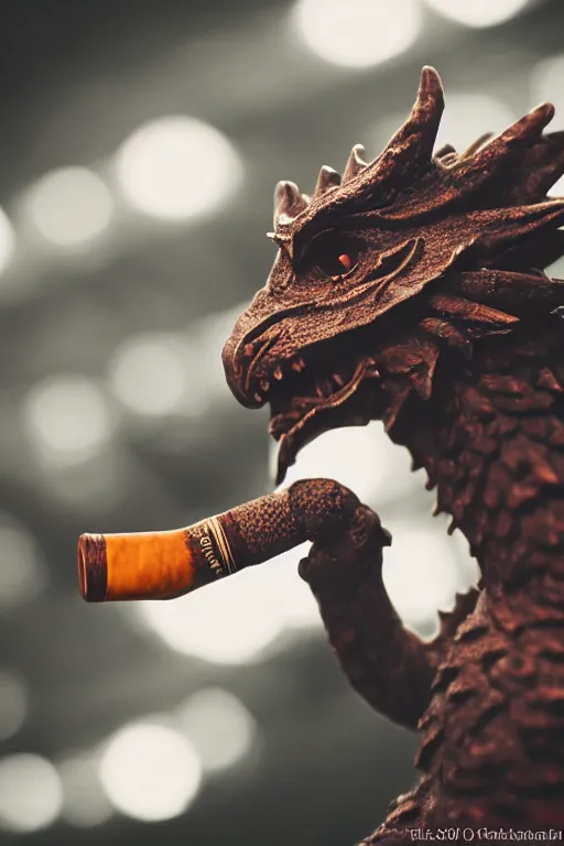 Prompt: photo of a dragon smoking a pipe, 3 0 mm, bokeh, dramatic lighting, beautiful