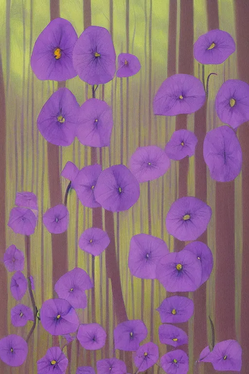 Image similar to moody painting of purple morning glory flowers growing in a forest dimly lit by morning light. muted colour palette painting painting by jamie hewlett