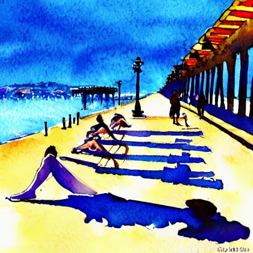 Image similar to Sunbathers on the pier. San Francisco. Watercolor