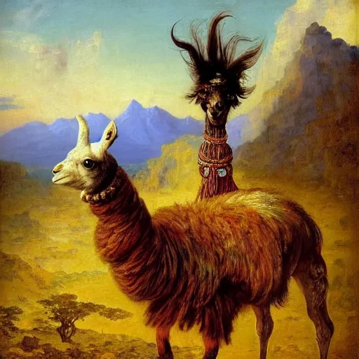 Image similar to detailed baroque portrait of a llama with dreadlocks, realistic creature concept, heroic pose, desert mountain in background, Ilya Repin oil painting, style of Brian Jacques