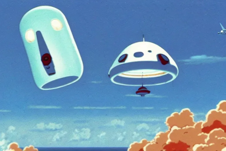 Image similar to tictac shaped ufo flying out of the ocean, uss nimitz tictac ufo incident by studio ghibli, middle of the ocean, tic tac ufo, warship