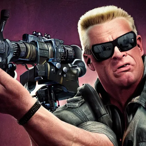 Image similar to UHD candid photo of Duke Nukem holding a Gatling gun in a crowded theater, accurate faces, UHD, photorealistic, correct face, photo by Annie Leibowitz