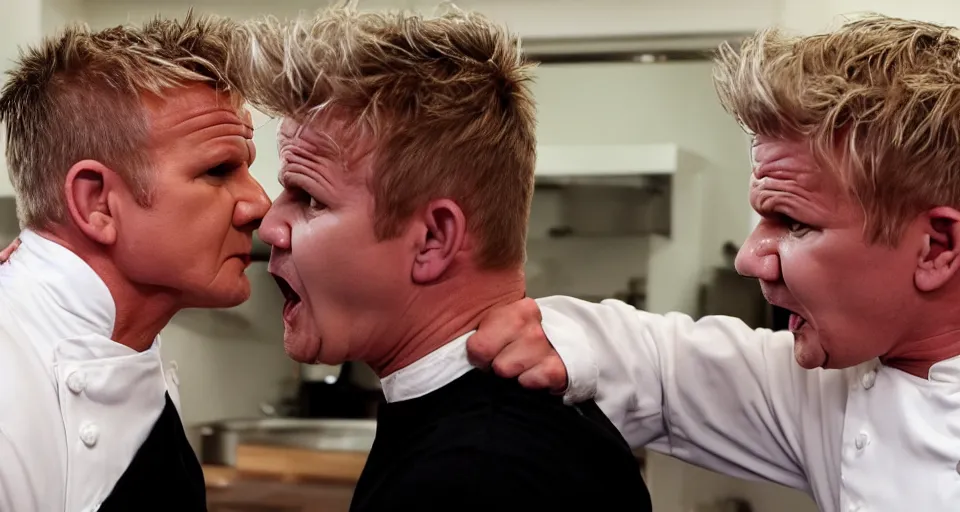 Image similar to photo of angry furious Gordon Ramsay punching Gordon Ramsay at the kitchen