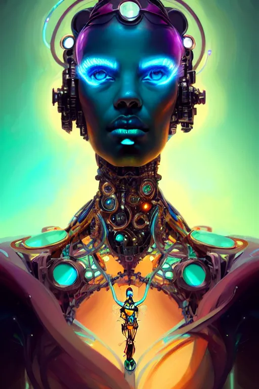 Image similar to portrait, biomechanical bioluminescent queen, cyberpunk, bionics, augments, cables, elegant gleaming intricate baroque jewellery, colorful, vivid, imposing, epic, digital painting, artstation, concept art, by peter mohrbacher and wlop and rhads