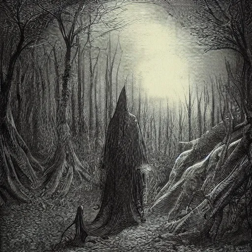 Image similar to the creature in the woods, engraving, sinister atmosphere, gothic, beautifully detailed, by gustave dore