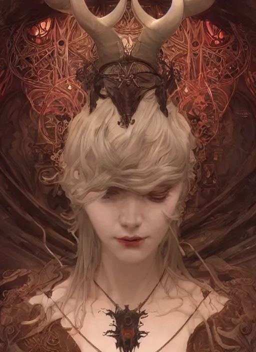 Image similar to a beautiful illustration of a satanic witch with horns in head, intricate, sharp focus, illustration, highly detailed, digital painting, concept art, matte, art by wlop and artgerm and greg rutkowski and alphonse mucha, masterpiece