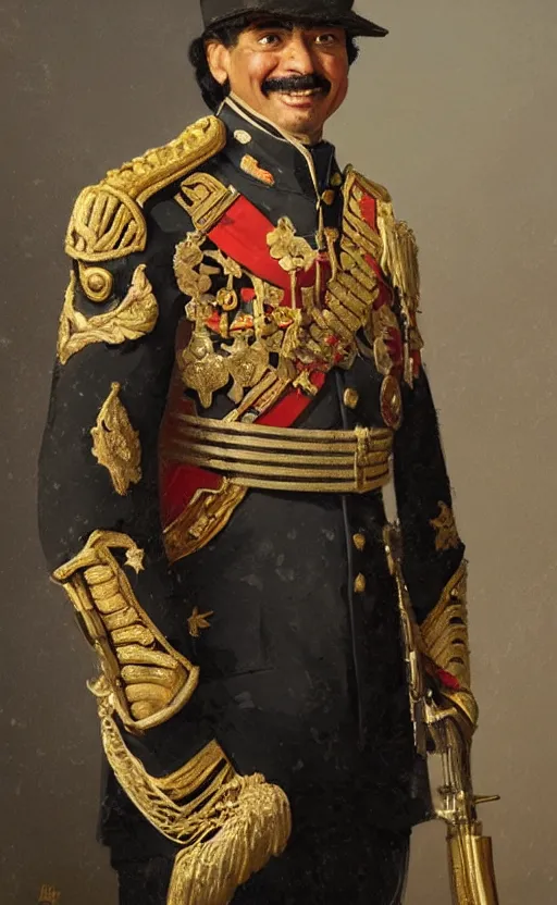 Prompt: official portrait of a hispanic man wearing a ceremonial uniform, male, cheerful, detailed face, 19th century, highly detailed, digital art painting by greg rutkowski