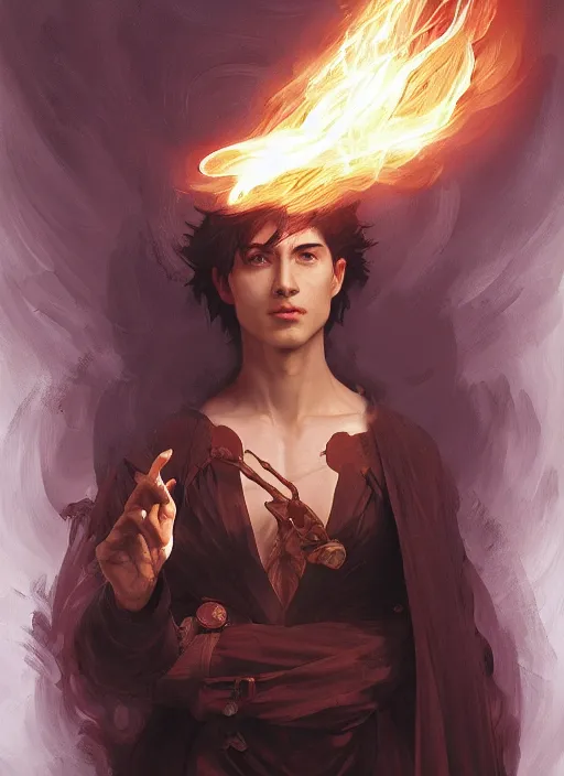 Image similar to character concept portrait of an attractive young focused Spanish wizard with pale red enchanting a flaming seduction spell, a floating burning spell book in the center, intricate, elegant, digital painting, concept art, smooth, sharp focus, illustration, from Metal Gear, by Ruan Jia and Mandy Jurgens and William-Adolphe Bouguereau, Artgerm