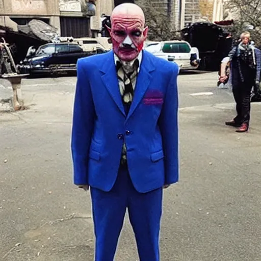 Image similar to walter white wearing the joker suit