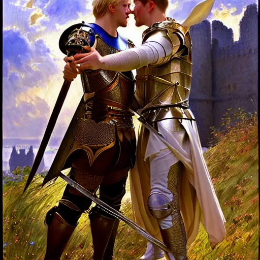 Image similar to attractive arthur pendragon and his favourite attractive male knight, they are in love, camelot, natural lighting, path traced, highly detailed, high quality, digital painting, by gaston bussiere and ross tran and j. c. leyendecker and alphonse mucha