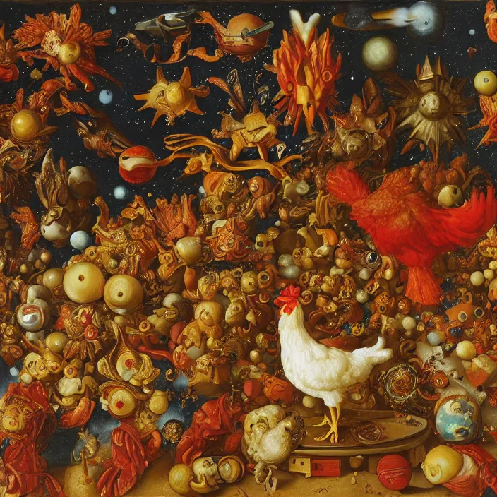 Image similar to a chicken in an infinite hall in space, chicken nebula, infinite chicken, by jan van eyck