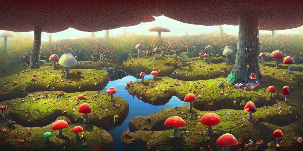 Image similar to surreal mushroom kingdom, floating island in the sky, waterpipes in the ground, summer morning, very coherent and colorful high contrast, art by!!!! gediminas pranckevicius!!!!, geof darrow, dark shadows, hard lighting