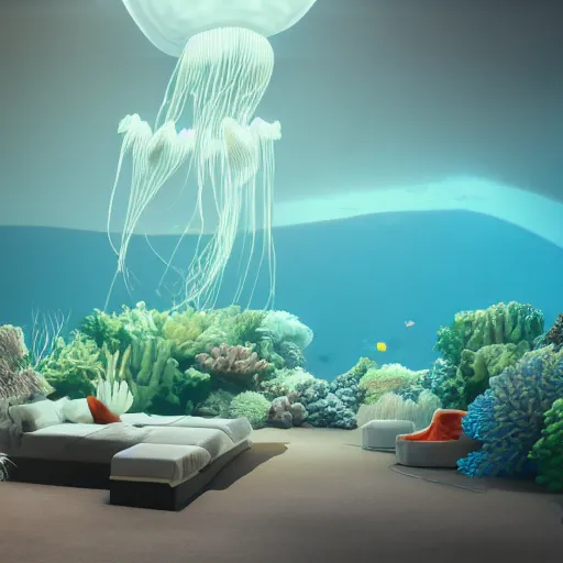 Prompt: the realistic photo of the modern room as aquarium with a big neonic jellyfish and corals, under the ocean, realistic colors, realistic shadows, daylight made in blender, hd, 3 d by beeple and damian hirst