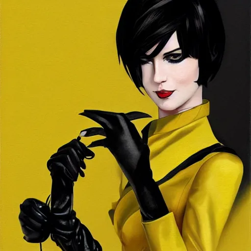 Image similar to slim girl in yellow snake skin tuxedo and black leather gloves with short black hair and with black eye patch, elegant, 2d, ultra highly detailed, digital painting, smooth, sharp focus, artstation, art by Ilya Kuvshinov