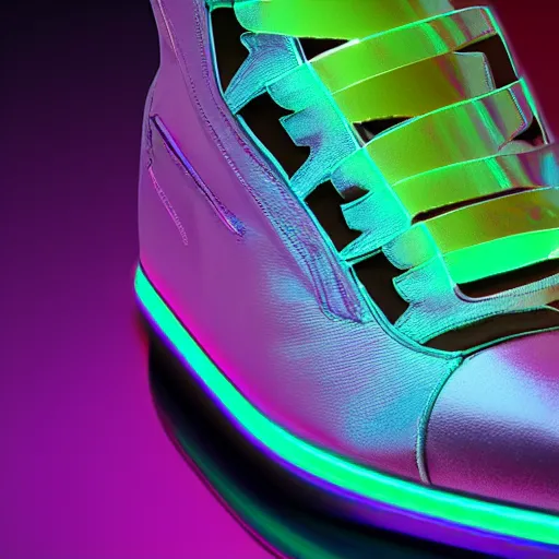 Prompt: close up of an rgb futuristic shoe with rainbow wings