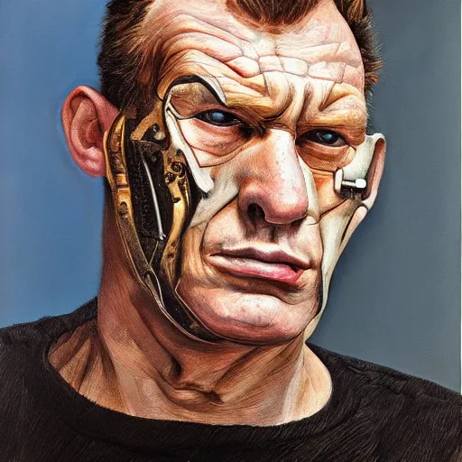 Image similar to high quality high detail painting by lucian freud, hd, portrait of terminator