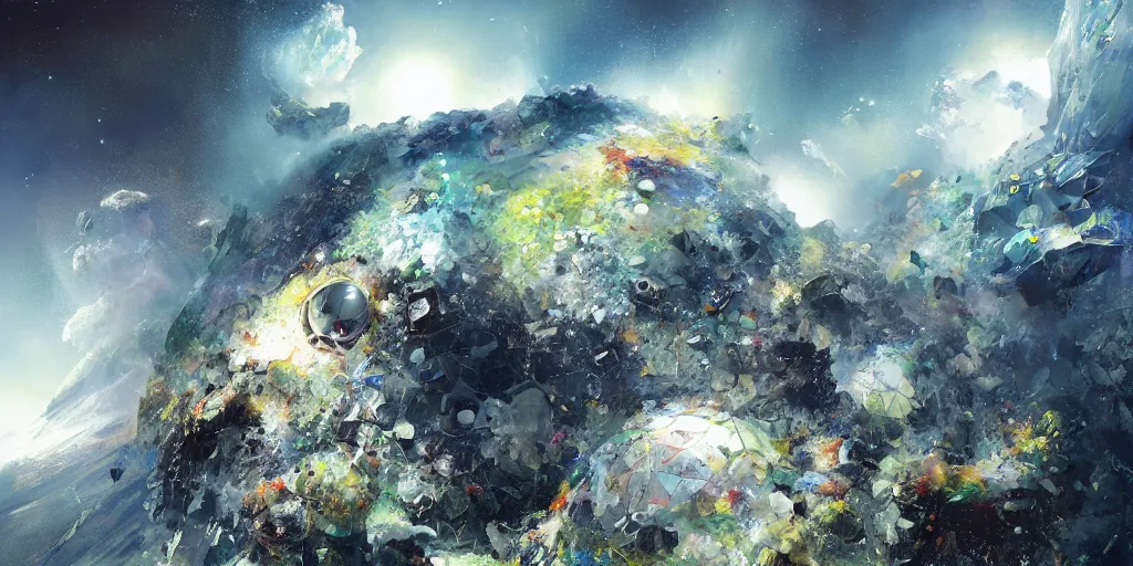 Prompt: a vast asteroid covered in faceted biodomes by ryohei hase, by john berkey, by jakub rozalski, by john martin,