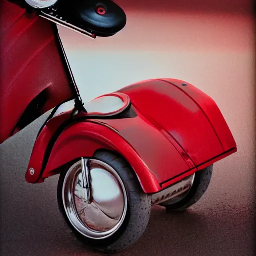 Prompt: vintage analog product photography of an electric scooter made of leather, 70s design, bright red, studio lighting, film grain, lensflare, color bleed, glare