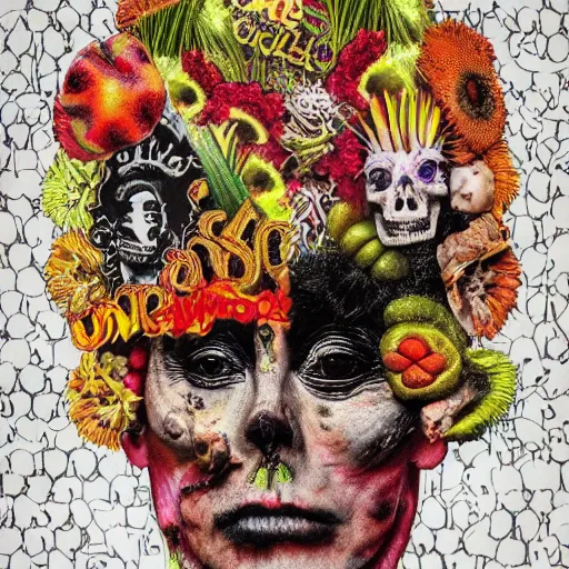 Image similar to punk album cover, blank horizontal banner on top, psychedelic, giuseppe arcimboldo