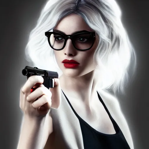 Prompt: a beautiful + white hair + cool black glasses + holding pistol + tights + ana de armas + dream water, beautiful smooth soft light + white petal, oil paint, cinematic lighting, realistic photo, unreal engine 5, 3 5 mm lens, 4 k, highly detailed, instagram,