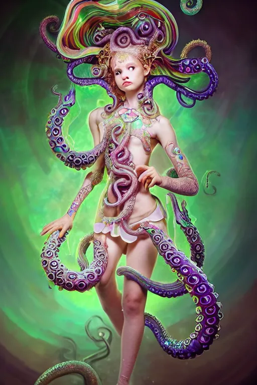 Image similar to A full body shot of a cute young magical girl wearing an ornate dress made of opals and tentacles. Monster GIrl. Subsurface Scattering. Dynamic Pose. Translucent Skin. Rainbow palette. Rainbowcore. defined facial features, symmetrical facial features. Opalescent surface. Soft Lighting. beautiful lighting. By Giger and Ruan Jia and Artgerm and WLOP and William-Adolphe Bouguereau and Loish and Lisa Frank. Fantasy Illustration. Sailor Moon. Masterpiece. trending on artstation, featured on pixiv, award winning, cinematic composition, dramatic pose, sharp, details, Hyper-detailed, HD, HDR, 4K, 8K.