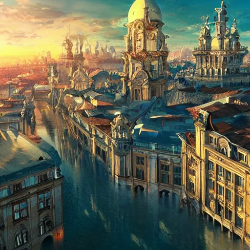 Prompt: magnificent baroque city floating in air, beautiful, surreal, highly detailed, sharp focus, sunset, by artgerm, cgsociety