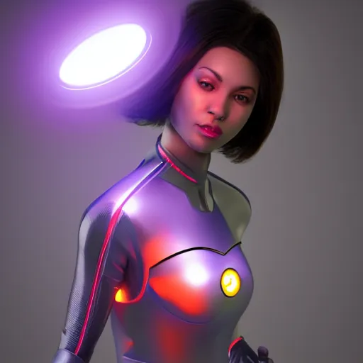 Image similar to a woman in a futuristic suit holding a glowing light, a computer rendering by Artgerm, featured on cgsociety, afrofuturism, daz3d, zbrush, futuristic