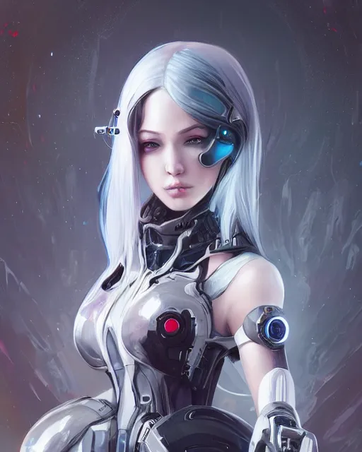 Image similar to holy cyborg necromancer girl, elegant, perfect face, scifi, futuristic, utopia, garden, illustration, atmosphere, warframe, blue eyes, white hair, focused, artstation, nier automata, highly detailed, art by yuhong ding and chengwei pan and serafleur and ina wong