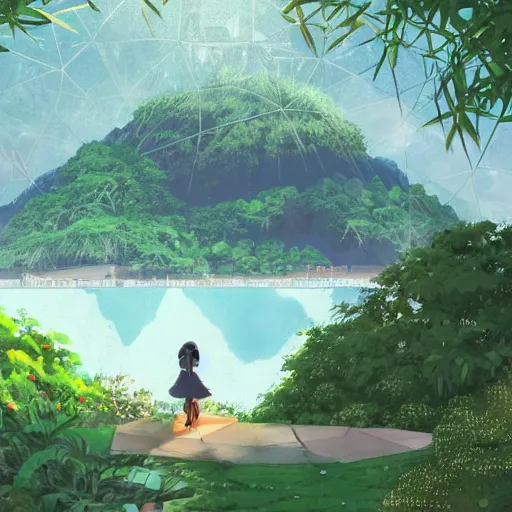 Image similar to geodesic dome in front of a lake with gardens and waterfall gapmoe kuudere moody lighting stunning bokeh highlights sharp contrast trending pixiv fanbox by victo ngai makoto shinkai takashi takeuchi studio ghibli