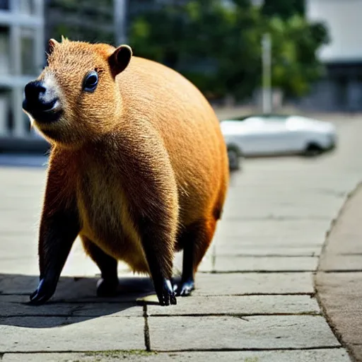 Image similar to a high detail photo of an antropomorphic capybara wearing a suit, subject= duck, subject detail: wearing a suit, photorealism