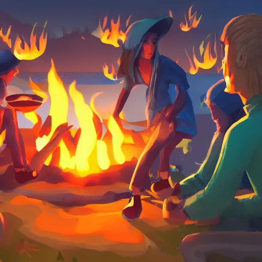 Prompt: team discussing around bonfire, sunset, third person view, clothes with pattern of pieces of watermelon, detailed, artstation,