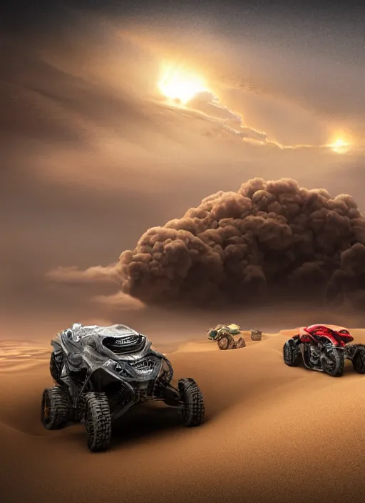 Image similar to 3 speeding quads on a dune in the desert in front of a huge stormcloud made of electric waste on the horizont , dust in the air, dark sun, concept art, dystopic, unreal, cineastic