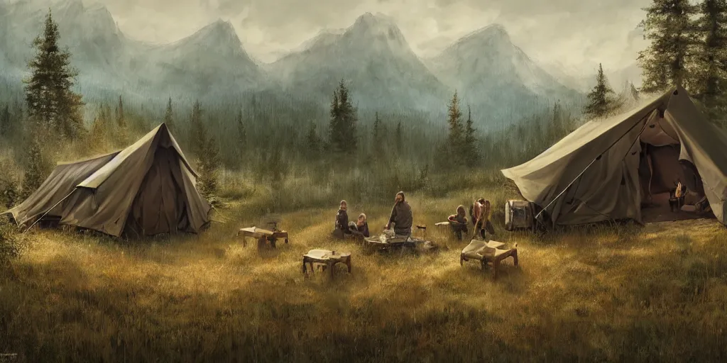 Image similar to cabela's tent fabric shelled pop up family dwelling unit, cabin, modular, person in foreground, mountainous forested wilderness open fields, beautiful views, painterly concept art, joanna gaines, environmental concept art, farmhouse, magnolia, concept art illustration by ross tran, james gurney, by craig mullins, by greg rutkowski