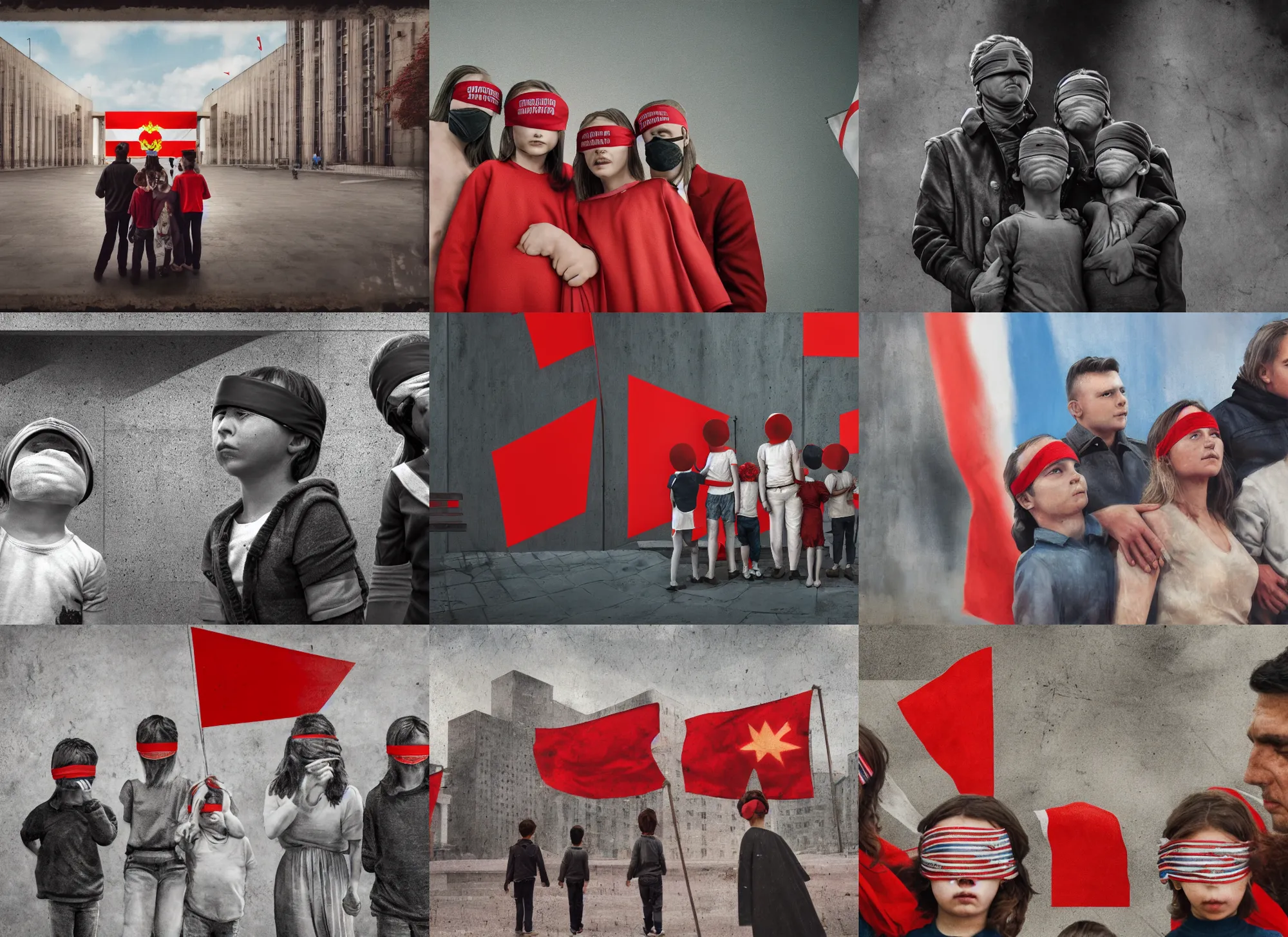 Prompt: cinematic close up artwork of an innocent family standing blindfolded in a town square surrounded by soviet flags and brutalist buildings by greg rutowski, 4 k, masterpiece