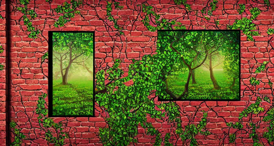 Image similar to a beautiful painting of an ancient brick wall covered in vines with a closed portal, landscape, 8 k, photorealism