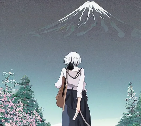 Prompt: beautiful silver hair young woman walking up Mount Fuji in the style of studio ghibli and manga