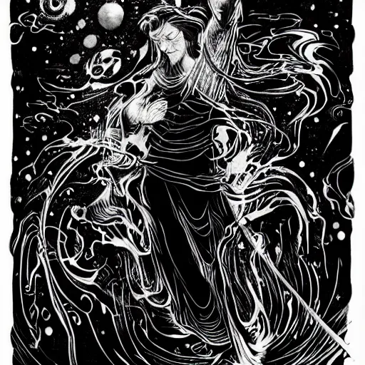 Prompt: black and white pen and ink!!!!!!! Leonardo Di Caprio handsome cosmic space robes flowing royal hair golden!!!! Vagabond!!!!!!!! floating magic swordsman!!!! glides through a beautiful!!!!!!! liquid magic floral crystal battlefield dramatic esoteric!!!!!! Long hair flowing dancing illustrated in high detail!!!!!!!! by Moebius and Hiroya Oku!!!!!!!!! graphic novel published on 2049 award winning!!!! full body portrait!!!!! action exposition manga panel black and white Shonen Jump issue by David Lynch eraserhead and beautiful line art Hirohiko Araki!! Rossetti, Millais, Mucha, Jojo's Bizzare Adventure