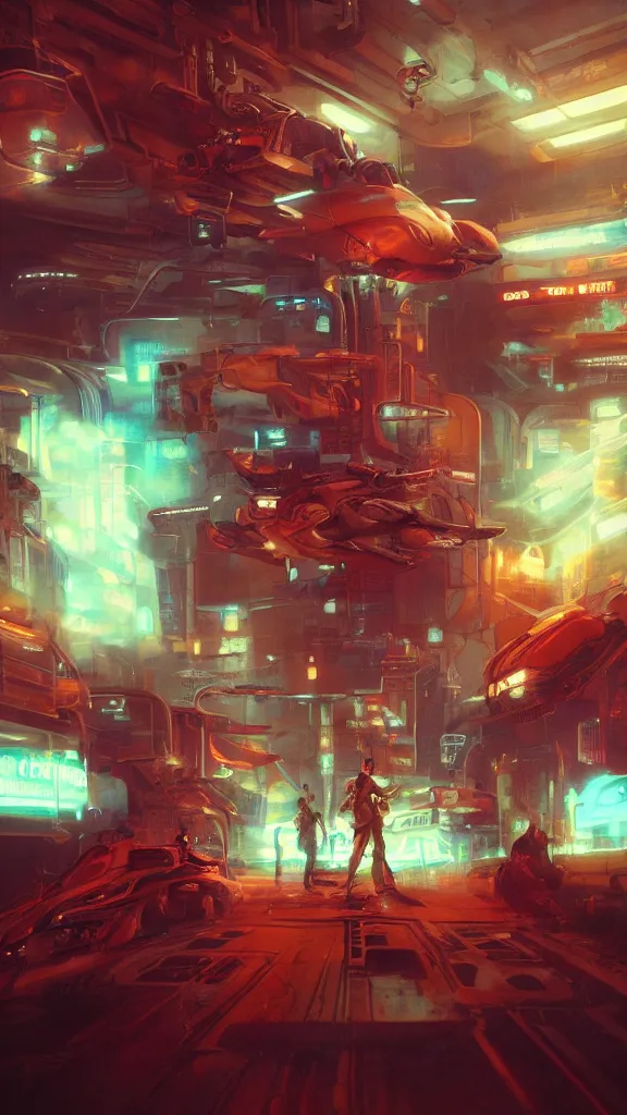 Image similar to concept art, retro - futurist steampunk pilots hang out, octane render, artstation, dramatic neon lighting, reflections, glowing imperial motifs, red turquoise accents, bladerunner, by gerald brom, james jean, syd mead, akihiko yoshida, cinematic