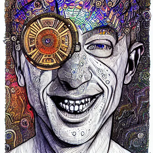 Image similar to the inner self of mark zuckerberg, clockwork engine, psychedelic, lsd, spiritual, mystical, epic beautifully detailed pen, ink and copic markers drawing by milo manara